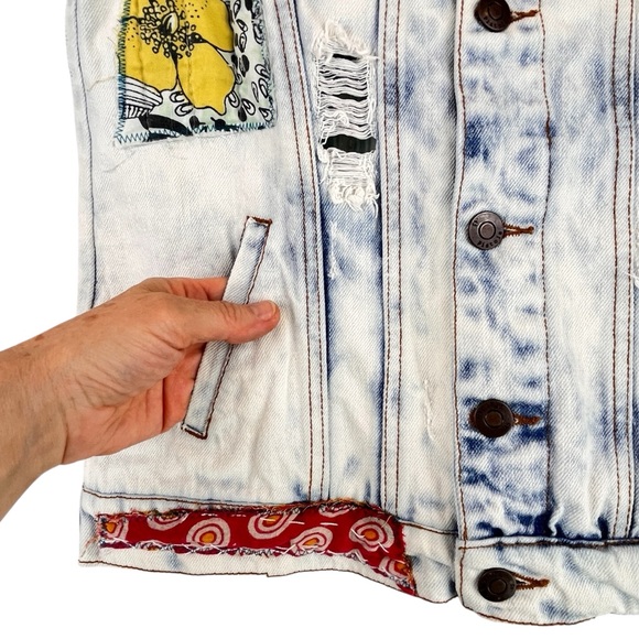 Pistola Boho Denim Distressed Vest Jacket Upcycled 3D Crochet Festival S/M - Picture 9 of 15